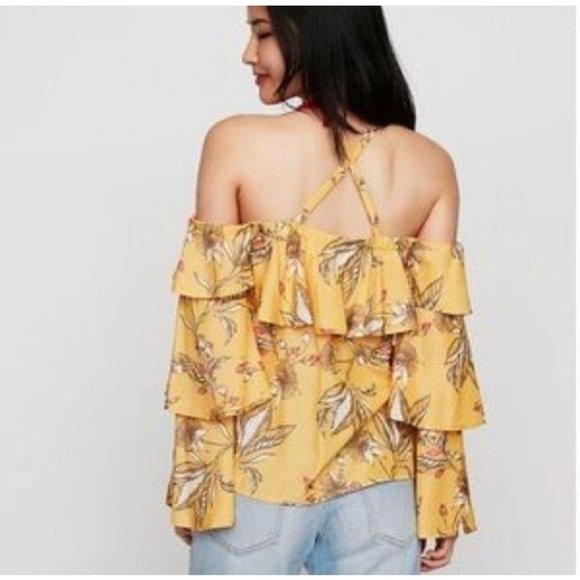 Express Yellow Floral Ruffle Cold Shoulder Top XS - Picture 2 of 8